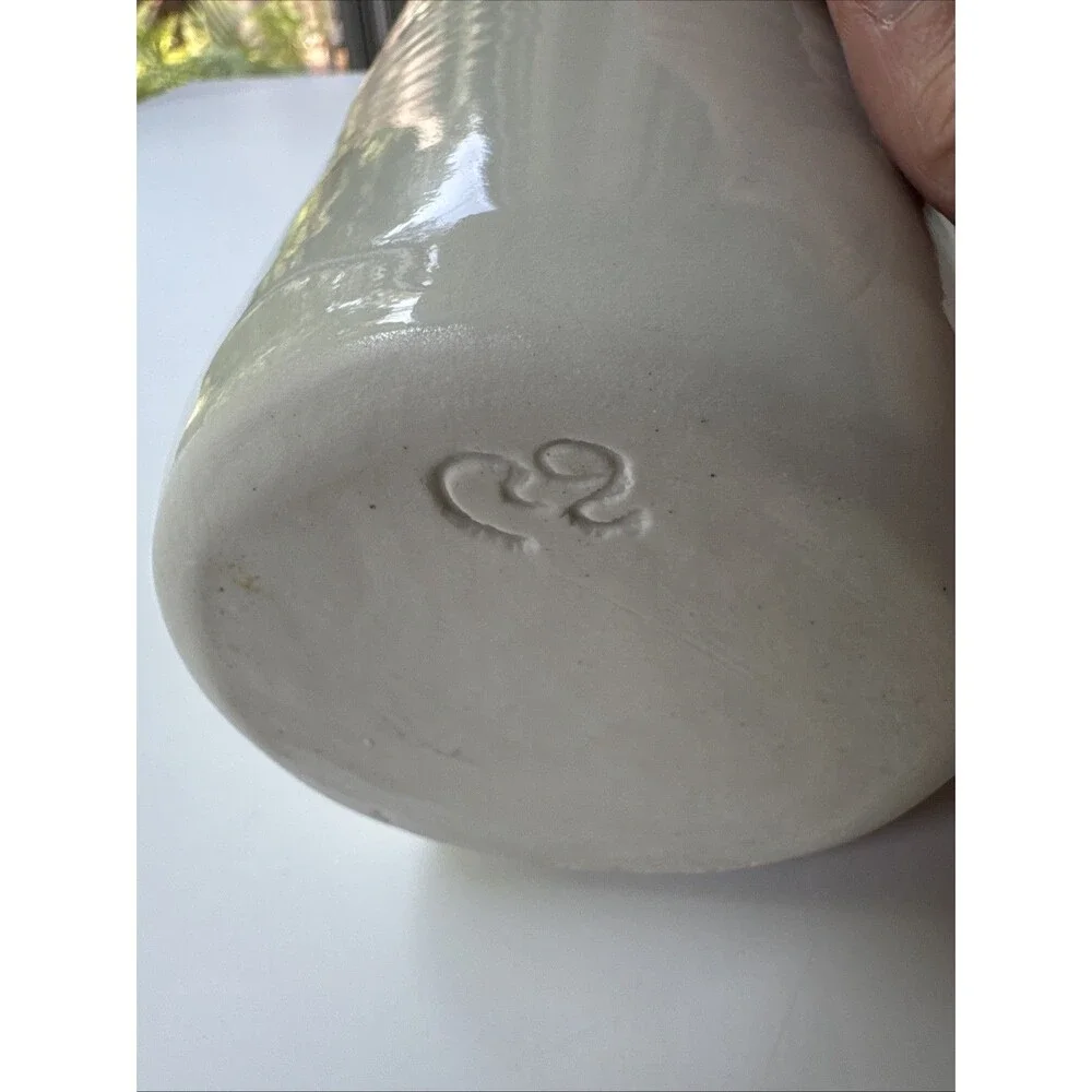 Clay stoneware Vase Floral berries blue Vines CS (??) signed Pottery Studio Art